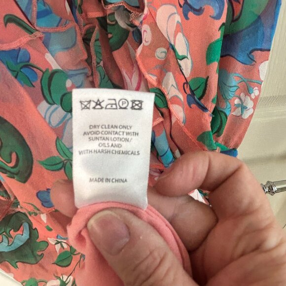 Saloni Shirt Dress Tilly 100% Silk Pink Floral Button Up Ruffle Sleeveless SZ4 - Picture 11 of 13